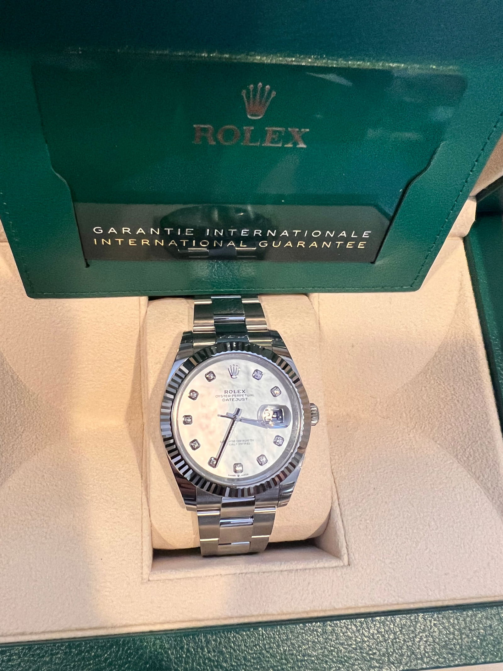 Brand New Rolex OysterPerpetual Mother of Pearls w/ factory diamonds comes: Brand New Rolex OysterPerpetual Mother of Pearls w/ factory diamonds comes with box and paper #PAPPS94350v7