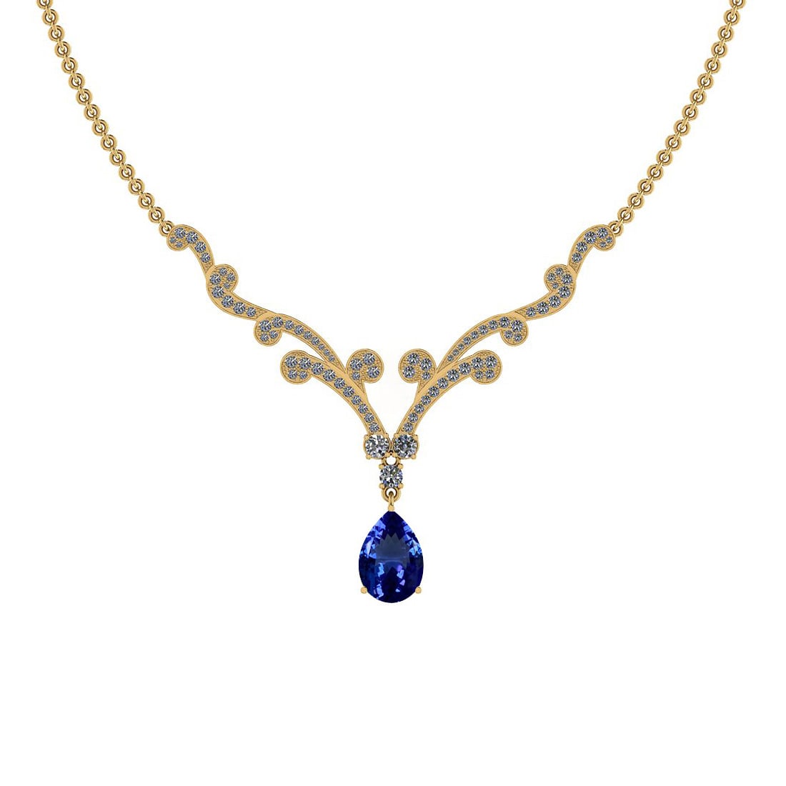 7.70 Ctw VS/SI1 Tanzanite And Diamond 18K Yellow Gold Necklace: Center Stone Weight : 5.83 Ctw (Pear Cut) Center Stone Color :-Tanzanite Center Stone Setting : Prong Side Stone Weight Of Ctw 1.87 Ctw Side Stone Color : G-H Stone Clarity : VS/SI1 Stone Setting :