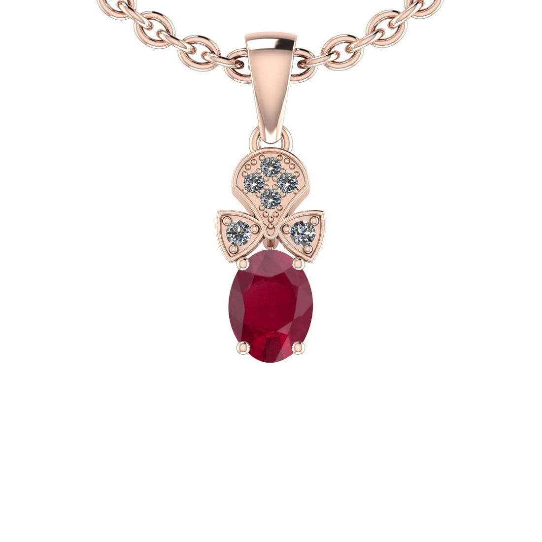 0.83 Ctw SI2/I1 Ruby And Diamond 14K Rose Gold Vintage Style Pendant: Center Stone Weight : 0.75 Ctw (Oval Cut) Center Stone Color :-Ruby Center Stone Setting : Prong Side Stone Weight Of Ctw 0.08 Ctw Side Stone Color : G-H Stone Clarity :SI2/I1 Stone Setting : Prong