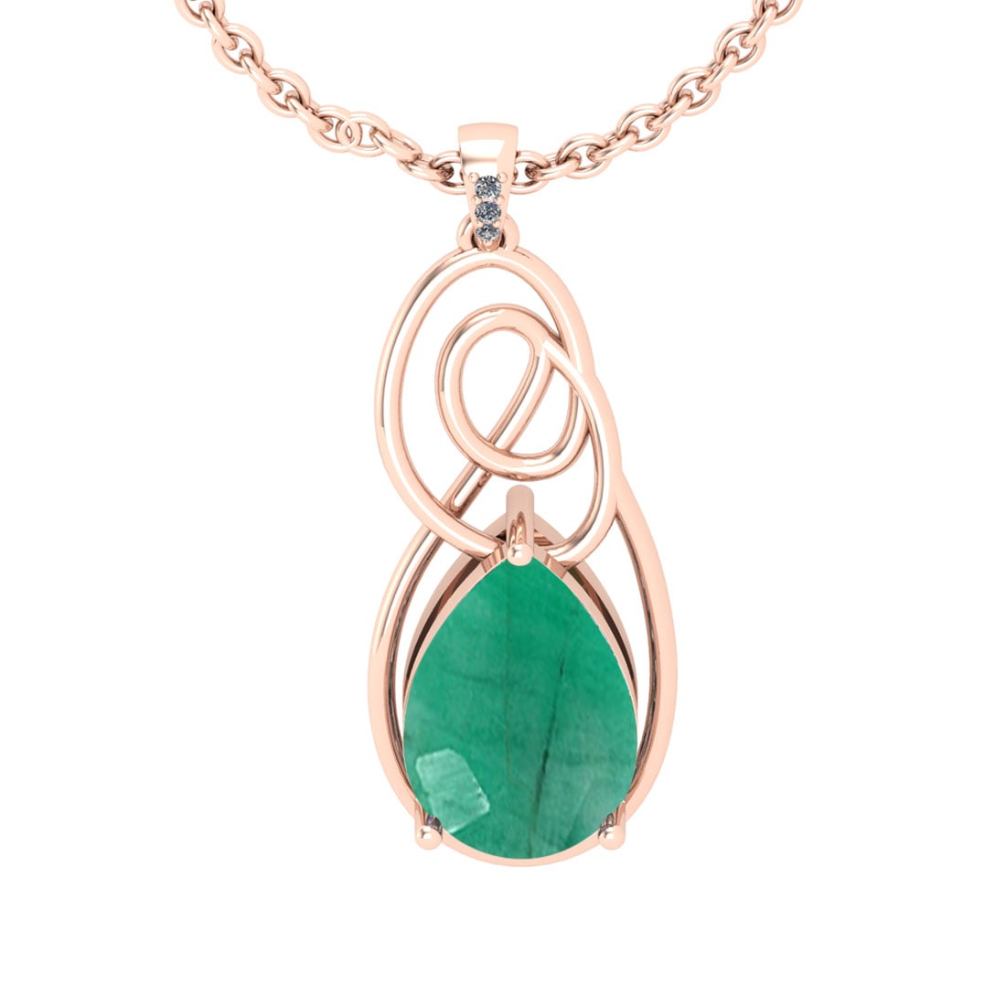 5.02 Ctw SI2/I1 Emerald And Diamond 14K Rose Gold Pendant: Color Stone Weight : 5.00 Ctw (Pear Cut ) Center Stone Color : Emerald Center Stone Setting : Prong Side Stone Weight Of Ctw 0.02 Ctw Side Stone Color : J-K Stone Clarity : SI2/I1 Stone Setting :
