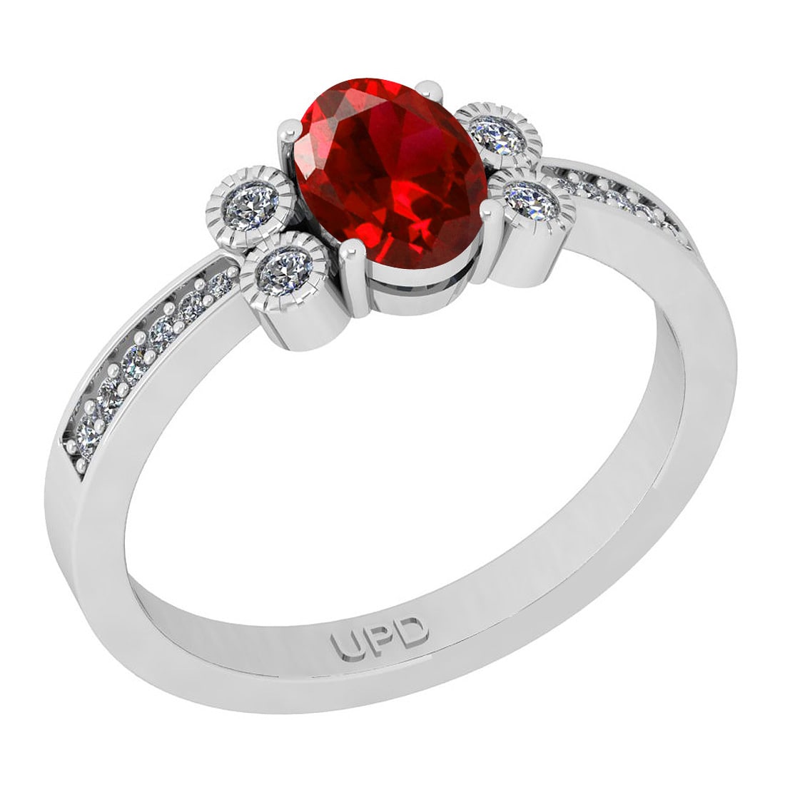 0.90 Ctw I2/I3 Red Sapphire And Diamond 14K White Gold Ring: Center Stone Weight : 0.75 Ctw (Oval Cut ) Center Stone Color : Red Sapphire Center Stone Setting : Prong Side Stone Weight Of Ctw 0.15 Ctw Side Stone Color : J-K Stone Clarity : I2/I3 Stone Setting :