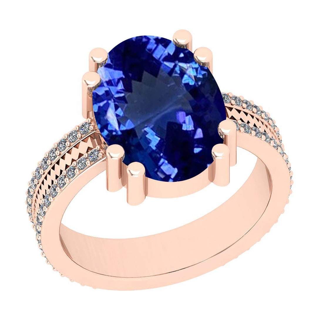 5.94 Ctw VS/SI1 Tanzanite And Diamond 18K Rose Gold Engagement Ring: Center Stone Weight : 5.58 Ctw (Oval Cut) Center Stone Color :-Tanzanite Center Stone Setting : Prong Side Stone Weight Of Ctw 0.36 Ctw Side Stone Color : G-H Stone Clarity : VS/SI1 Stone Setting : Pr