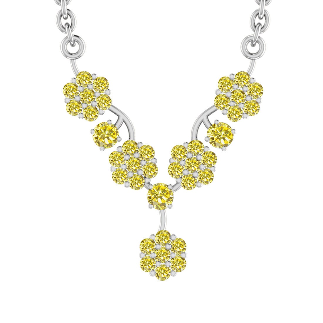 1.97 Ctw Treated fancy Yellow Diamond 14K White Gold Pendant Necklace: Center Diamond Weight : 1.97 Ctw (Round Cut) Center Diamond Color :- Treated fancy Yellow Diamond Center Clarity : I2/I3 Stone Setting : Prong Metal Weight : Approx 7.60 Gram 14K White Gold Pendant