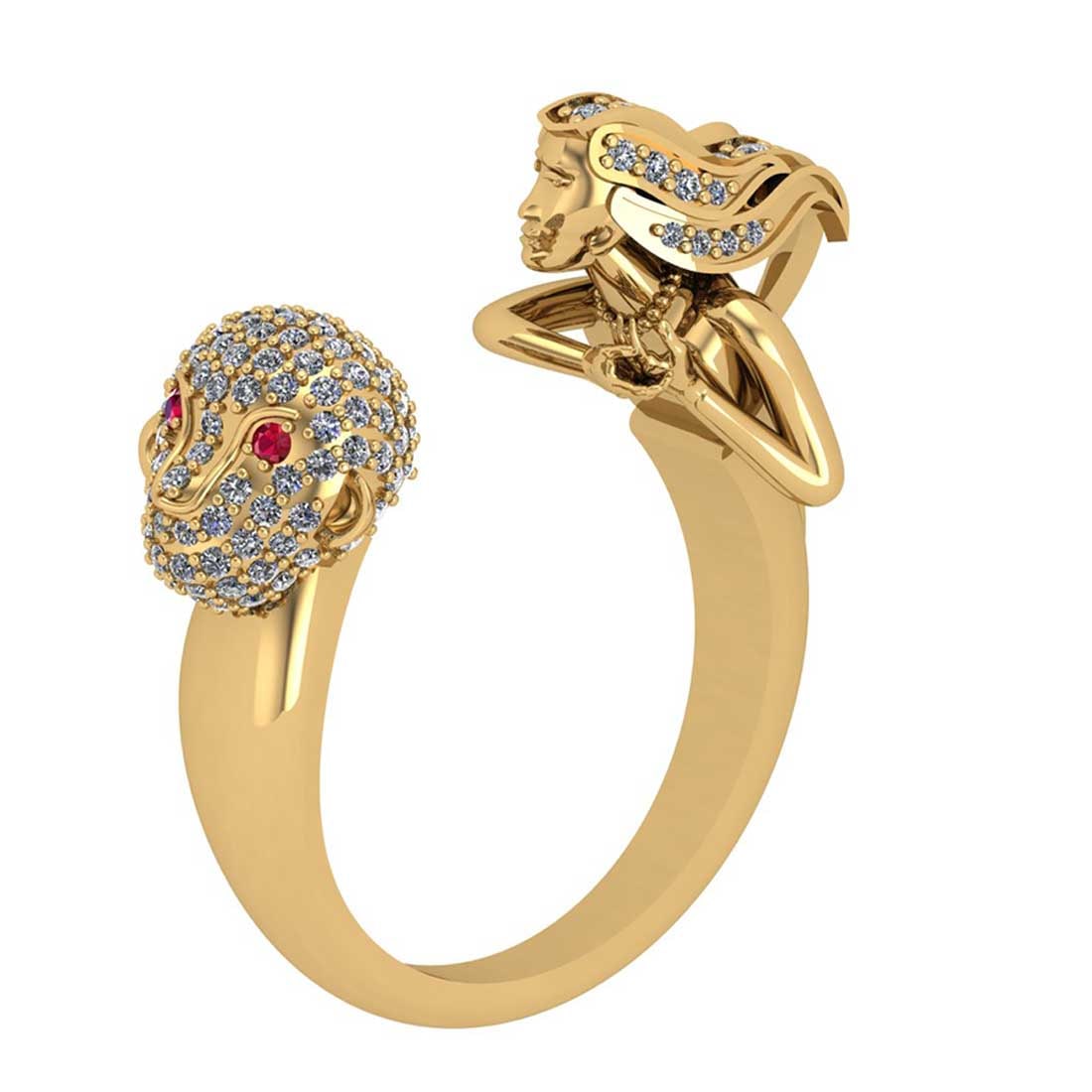 0.64 Ctw SI2/I1 Diamond 14K Yellow Gold Monkey Women Face Ring: Eye Stone Weight :- 0.02 ctw Eye Stone Color :- Ruby Total Diamond Weight : 0.62 Ctw ( Round Cut ) Diamond Color :- J-K Clarity : SI2/I1 Stone Setting : Prong Metal Weight : Approx 9.50 Gram 14K Yello