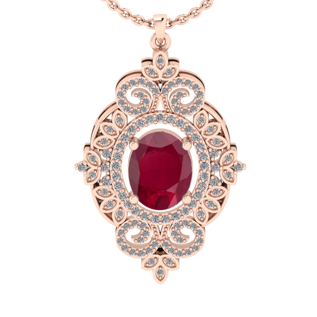 2.40 Ctw SI2/I1 Ruby and Diamond 14K Rose Gold Pendant Necklace: Center stone Weight :- 2.00 Ctw ( Oval Cut) Color :- Ruby Center Stone Setting : Prong Side Diamond Weight Of Ctw 0.40 Ctw Color : J-K Clarity : SI2/I1 Stone Setting : Prong Metal Weight : Approx 4.80