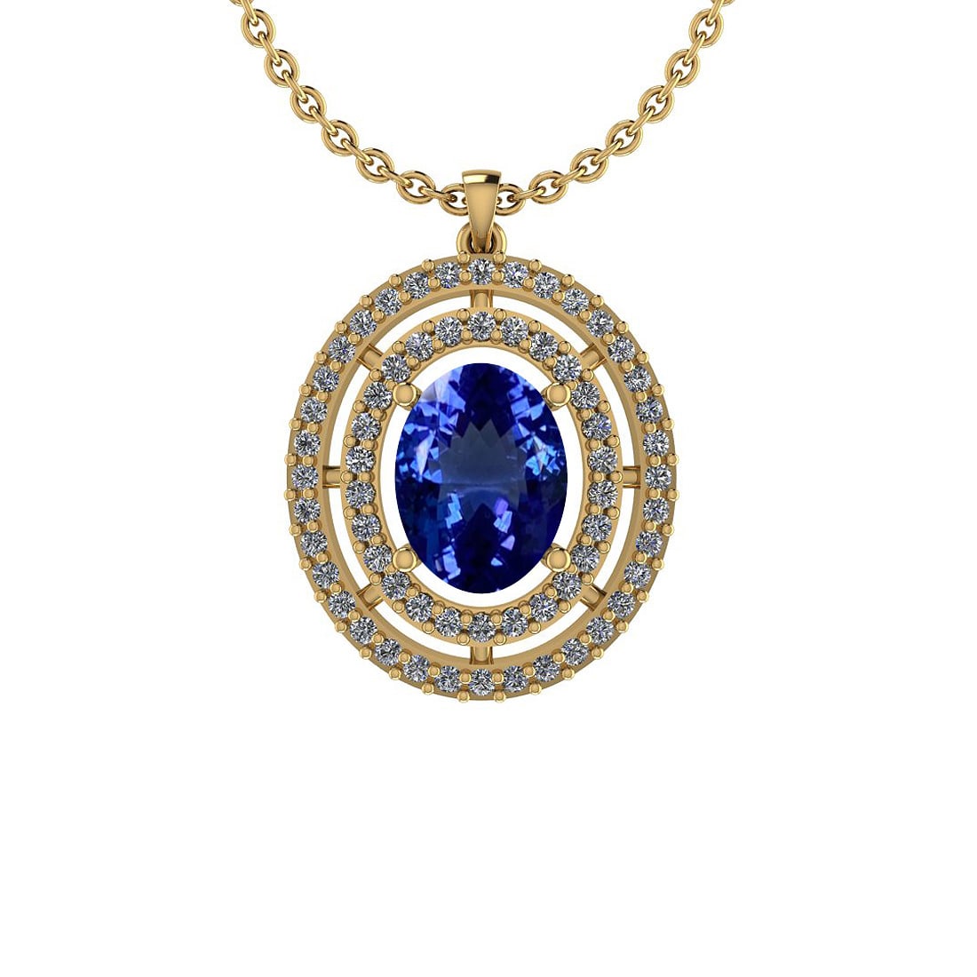 Certified 5.66 Ctw VS/SI1 Tanzanite And Diamond 14K Yellow Gold Necklace: Center Stone Approx Weight: 4.80 Ctw (Oval Cut) Center Stone Color: Tanzanite Center Stone Setting: Prong Side Stone 0.86 Ctw Side Stone Color: H-I Stone Clarity: VS/SI1 Stone Setting: Prong Metal App