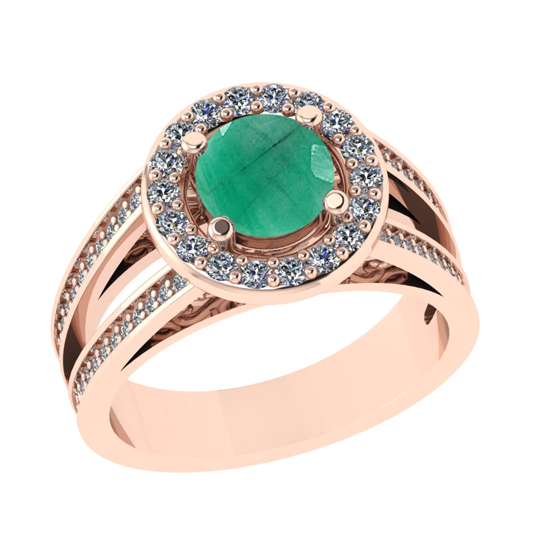 2.14 Ctw I2/I3 Emerald And Diamond 14K Rose Gold Engagement Ring: Center Stone Weight :1.10 Ctw ( Round Cut ) Center Stone Color : Emerald Stone Setting : Prong Side Diamond Weight Of Ctw 1.04 Ctw Side Stone Color : J-K Stone Clarity : SI2/I1 Stone Setting : Prong M
