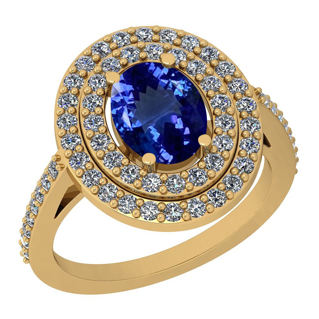 Certified 2.79 Ctw VS/SI1 Tanzanite And Diamond 14K Yellow Gold Vintage Sty: Center Stone Approx Weight: 2.00 Ctw (Oval Cut) Center Stone Color: Tanzanite Center Stone Setting: Prong Side Stone 0.79 Ctw Side Stone Color: G-H Stone Clarity: VS/SI1 Stone Setting: Prong Metal App