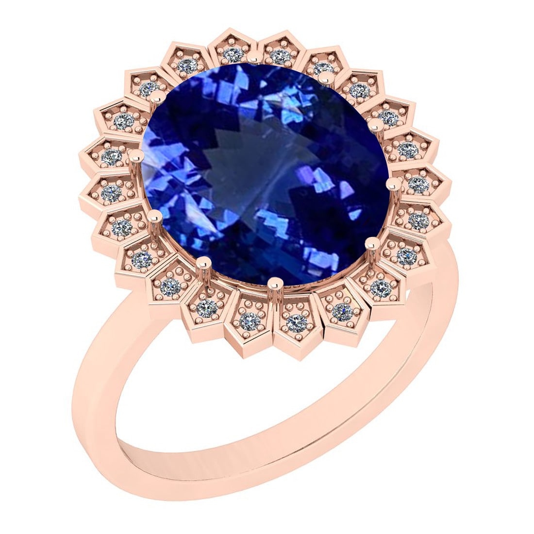 Certified 5.05 Ctw VS/SI1 Tanzanite And Diamond 14K Rose Gold Ring: Center Stone Approx Weight: 4.94 Ctw (Oval Cut) Center Stone Color: Tanzanite Center Stone Setting: Prong Side Stone 0.11 Ctw Side Stone Color: J-K Stone Clarity: VS/SI1 Stone Setting: Prong Metal App