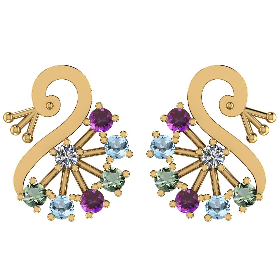 Certified 0.95 Ctw Blue Topaz, Green Amethyst, Amethyst And Diamond I1/I2 1: Multi Stone Approx Weight: 0.82 Ctw (12 Round) Multi Stone Color: Blue Topaz, Green Amethyst, Amethyst Center Stone Setting: Prong Side Stone Approx Weight: 0.13 Ctw Side Stone Color: J-K Stone