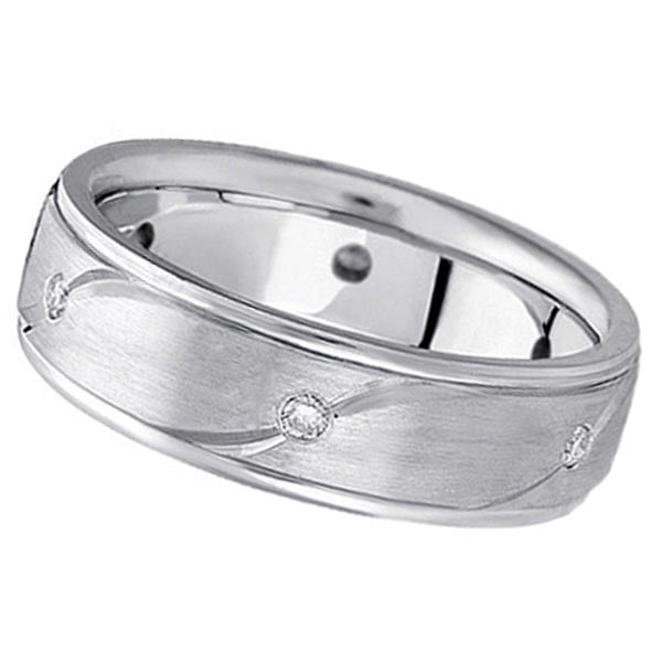 Mens Burnished Diamond Wedding Ring in platinum 0.18 ctw: CENTER STONE; Diamond CENTER STONE CLARITY; SI1 CENTER STONE COLOR; J-K CENTER STONE SETTING; Burnish SIDE STONE CLARITY; SIDE STONE COLOR; SIDE STONE SETTING; ctw OF SIDE STONE: SIDE STONE QUALITY; 