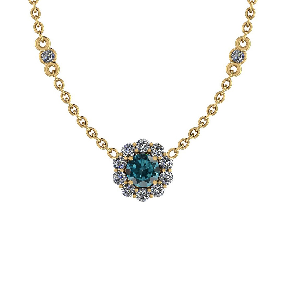 1.12 Ctw i2/i3 Treated Fancy Blue and White Diamond 14K Yellow Gold Necklac: Color Stone Weight : 0.55 Ctw ( Round cut) Center Stone Color : Treated Fancy Blue Diamond Center Clarity : i2/i3 Center Stone Setting : Prong Side Stone Weight Of Ctw 0.57 Ctw Side Stone Color : J-K