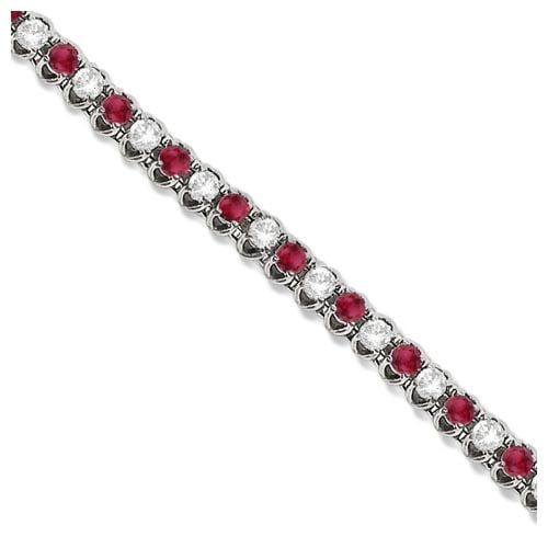 Round Ruby and Diamond Tennis Bracelet 14k White Gold 4.75ctw: CENTER STONE; Ruby CENTER STONE CLARITY; CENTER STONE COLOR; Red CENTER STONE SETTING; Prong SIDE STONE CLARITY; SI SIDE STONE COLOR; J-K SIDE STONE SETTING; Prong ctw OF SIDE STONE: 2 SIDE STONE QUAL