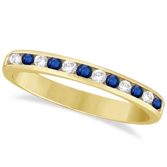 Channel-Set Blue Sapphire and Diamond Ring 14k Yellow Gold 0.40ctw: CENTER STONE; Diamond CENTER STONE CLARITY; SI CENTER STONE COLOR; J-K CENTER STONE SETTING; Channel SIDE STONE CLARITY; SIDE STONE COLOR; Blue SIDE STONE SETTING; Channel ctw OF SIDE STONE: 0.2 SIDE