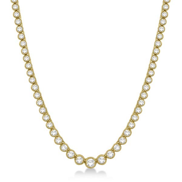 Milgrain Eternity Diamond Tennis Necklace 14k Yellow Gold (7.05ct): METAL TYPE: 14k Yellow Gold ;TOTAL CARAT WEIGHT: 7.05 ;NAME OF CENTER STONE: Diamond ;CENTER STONE SHAPE: Round ;CENTER STONE CLARITY: I1;CENTER STONE COLOR: G-h ;CENTER STONE SETTING: Prong ;CENTER