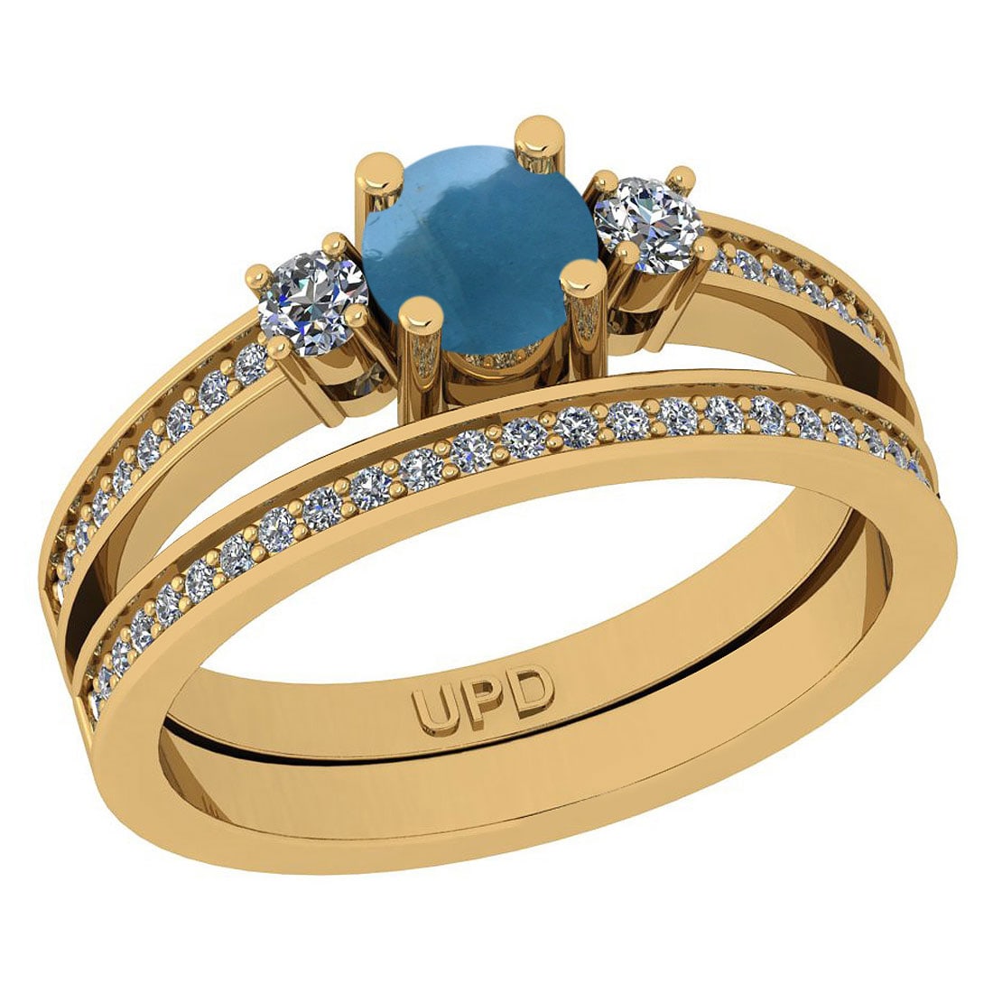 2.50 Ctw I2/I3 Aquamarine And Diamond 14K Yellow Gold Wedding Set Ring: Center Stone Weight : 2.20 Ctw ( Round Cab) Center Stone Color :-Aquamarine Stone Setting : Prong Side Stone Weight Of Ctw 0.30 Ctw Side Stone Color : J-K Stone Clarity : I2/I3 Stone Setting : Prong