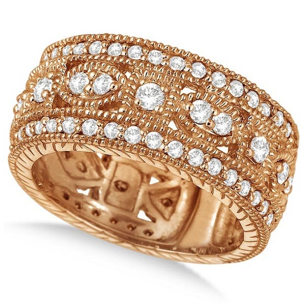 Vintage Style Style Byzantine Wide Band Diamond Ring 14k Rose Gold 1.37ctw: CENTER STONE; Diamond CENTER STONE CLARITY; SI CENTER STONE COLOR; J-K CENTER STONE SETTING; Prong SIDE STONE CLARITY; SI SIDE STONE COLOR; J-K SIDE STONE SETTING; Prong ctw OF SIDE STONE: 0.3 SIDE
