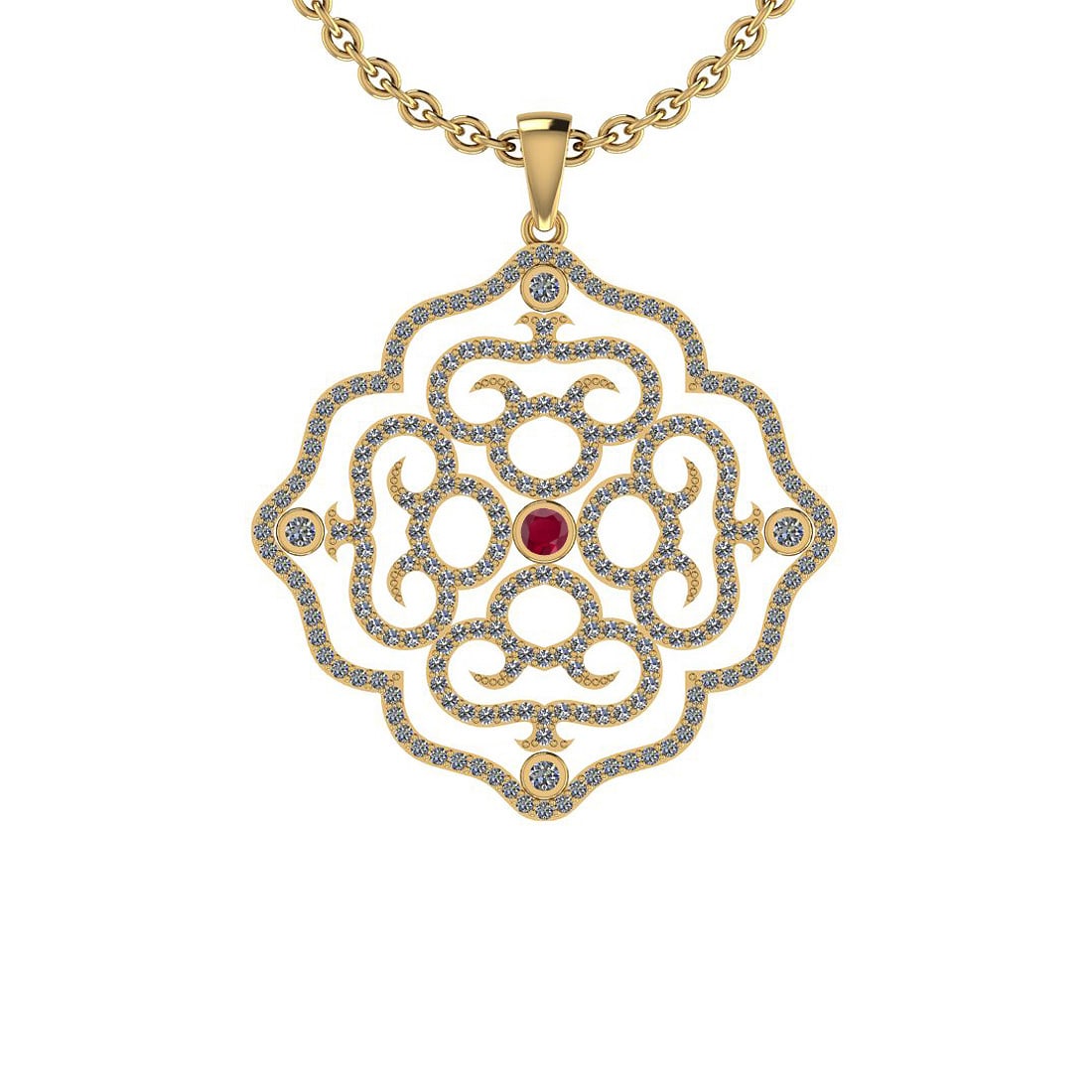 2.12 Ctw SI2/I1 Ruby And Diamond 14K Rose Gold Pendant: Center Stone Weight : 0.25 Ctw (Round Cut) Center Stone Color :-Ruby Center Stone Setting : Prong Side Stone Weight Of Ctw 1.87 Ctw Side Stone Color : G-H Stone Clarity :SI2/I1 Stone Setting : Prong