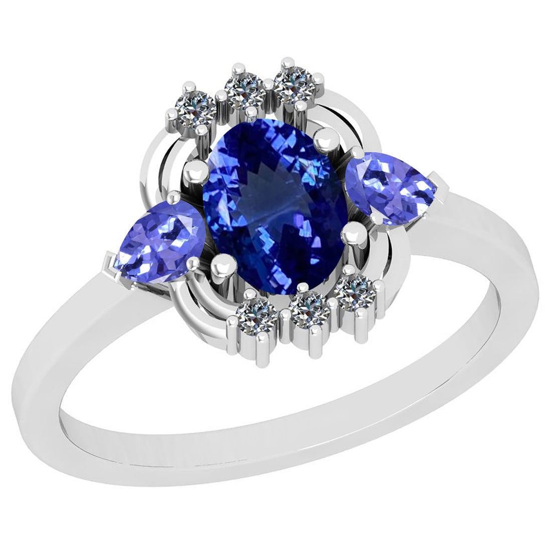 2.08 Ctw VS/SI1 Tanzanite And Diamond 18K White Gold Ring: Center Stone Weight : 2.00 Ctw (Oval & Pear Cut) Center Stone Color :- Tanzanite Center Stone Setting : Prong Side Stone Weight Of Ctw 0.08 Ctw Side Stone Color : G-H Stone Clarity : VS/SI1 Stone Sett