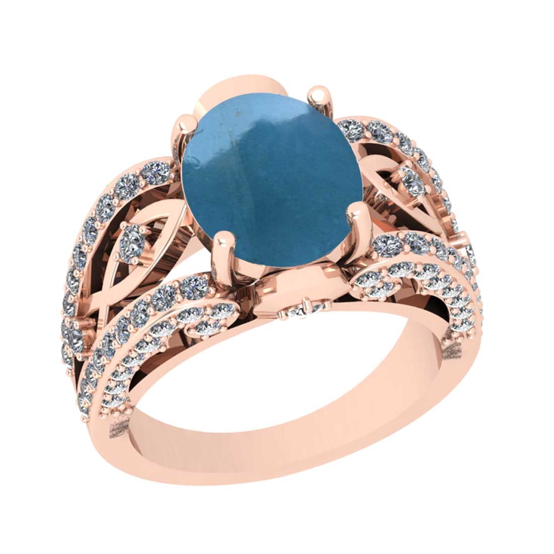 5.05 Ctw SI2/I1 Aquamarine And Diamond 14K Rose Gold Cocktail Ring: Center Stone Weight : 3.90 Ctw (Oval cabochon ) Center Stone Color : Aquamarine Stone Setting : Prong Side Stone Weight Of Ctw 1.15 Ctw Side Stone Color : G-H Stone Clarity : SI2/I1 Stone Setting :