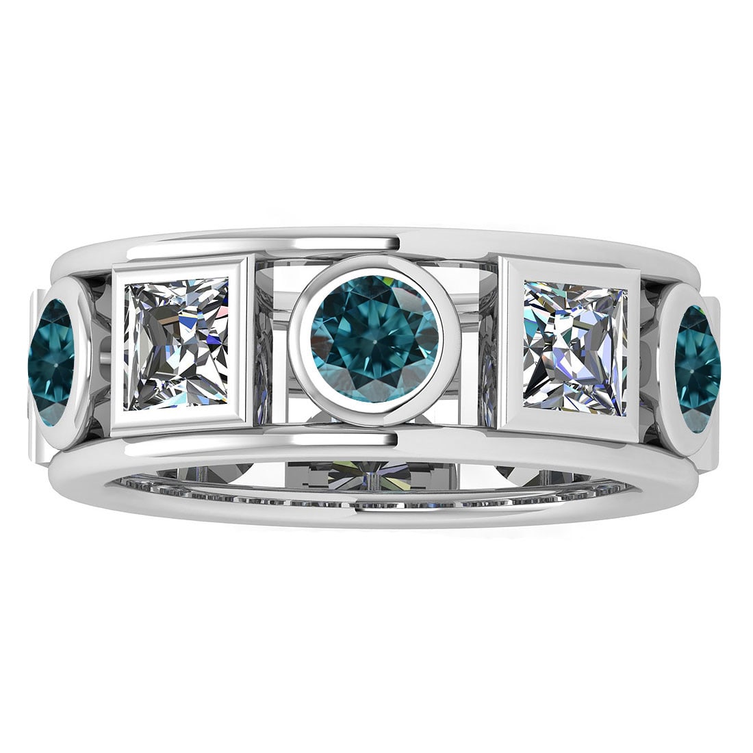 Certified 3.00 Ctw I2/I3 Treated Fancy Blue And White Diamond 14K White Gol: Center Approx Weight: 1.25 Ctw (Round Cut) Center Color: J-K Center Stone Clarity: I2/I3 Stone Setting: Bezel Side Stone 1.75 Ctw Side Stone Color: Treated Fancy Blue Stone Clarity: I2/I3 Stone Settin
