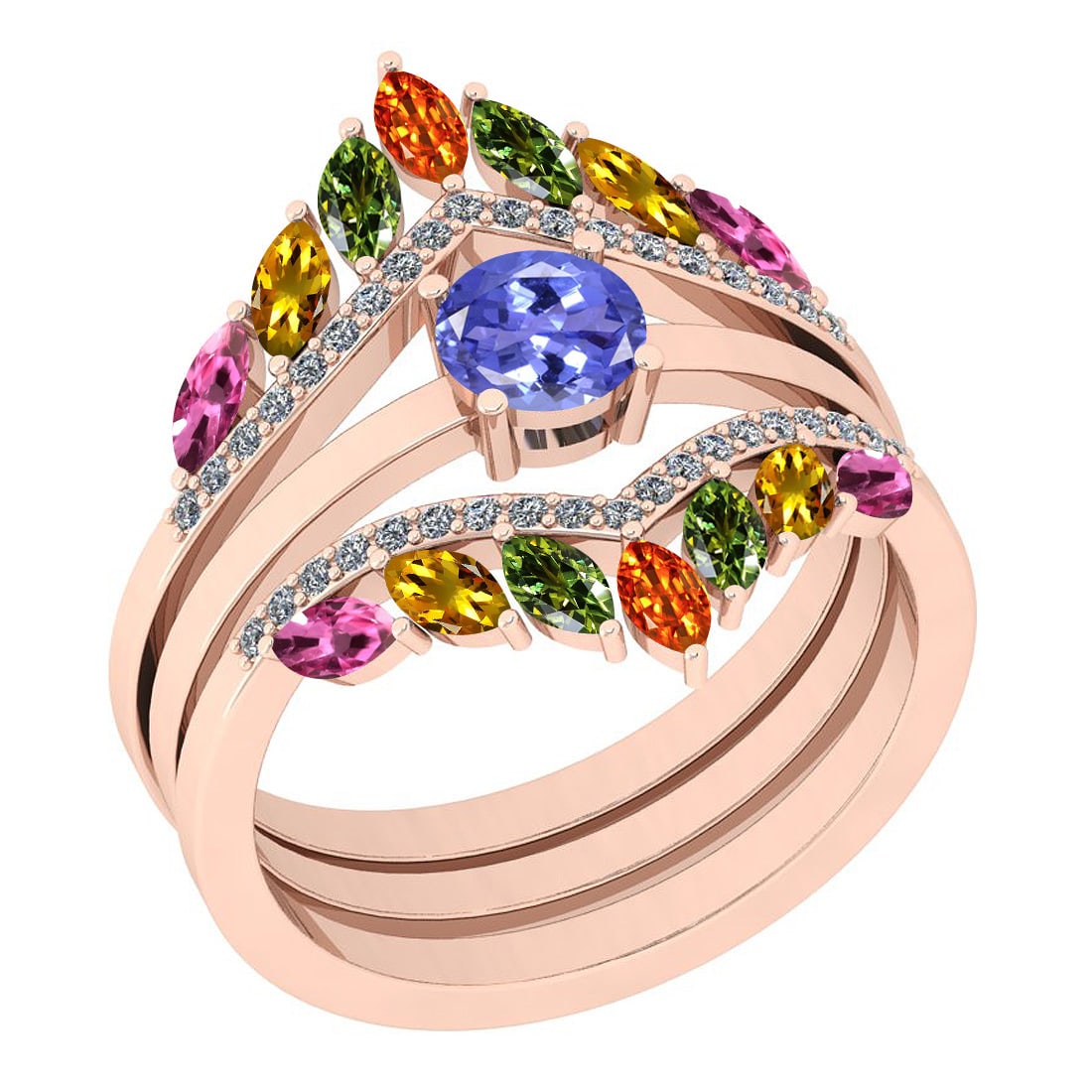 Certified 2.09 Ctw I2/I3 Multi Sapphire, tanzanite And Diamond 10K Rose Gol: Multi Stone Approx Weight: 1.90 Ctw (Marquise Cut) Multi Stone Color: Sapphire tanzanite Center Setting: Prong Side Stone 0.19 ctw Side Stone Color: J-K Side Stone Setting: Prong Side Stone Clarity: I