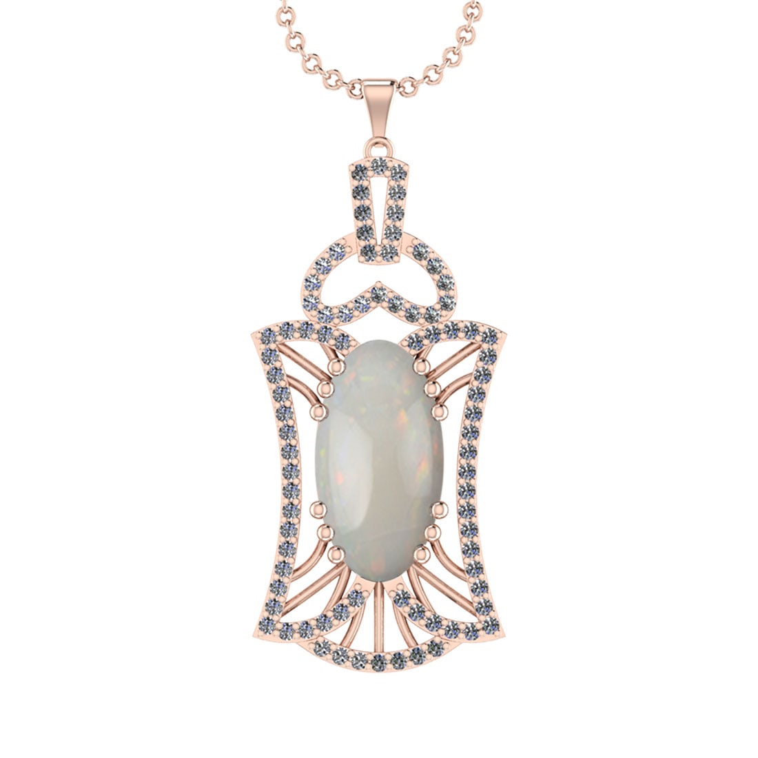 8.59 Ctw SI2/I1 Opal And Diamond 14K Rose Gold Pendant Necklace: Center Stone Weight : 6.81 Ctw ( Oval Cab ) Center Stone Color : Opal Stone Setting : Prong Side Diamond Weight Of Ctw 1.78 Ctw Side Stone Color : J-K Stone Clarity : SI2/I1 Stone Setting : Prong