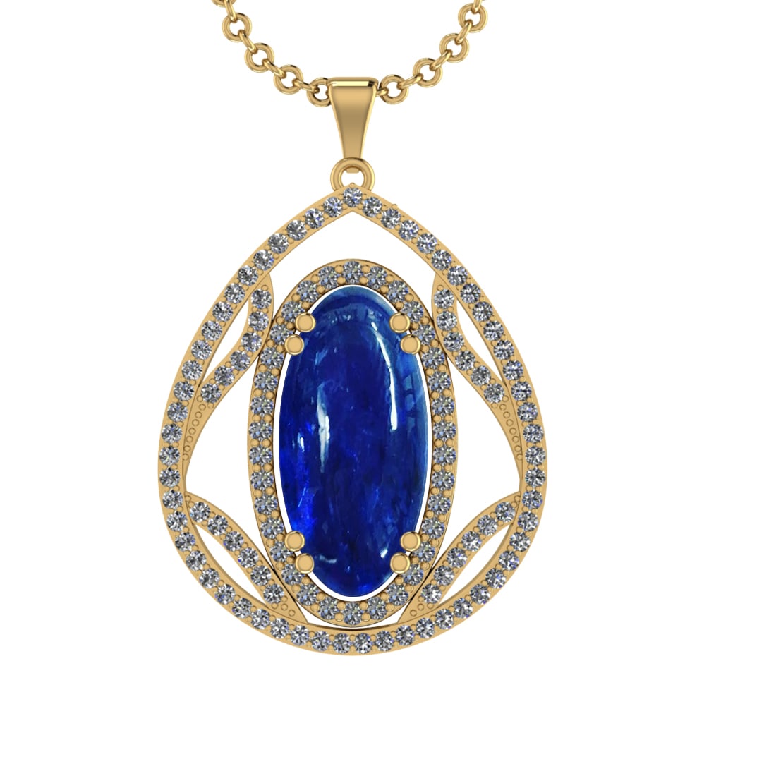 20.95 Ctw VS/SI1 Tanzanite and Diamond Prong Set 14k Yellow Gold Pendant: Center Stone Weight : 19.22 Ctw ( Oval Cab) Center Stone Color :-Tanzanite Setting : Prong Side Weight Of Ctw 1.73 Ctw Color : J-K Clarity : VS/SI1 Stone Setting : Prong Metal Weight : Approx 11.80