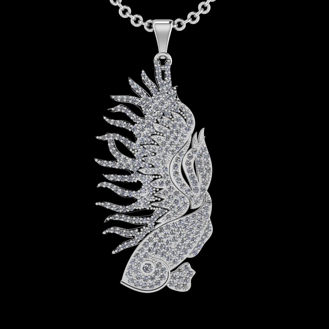 3.68 Ctw SI2/I1 Diamond 18K White Gold Fish Pendant Necklace: Total Diamond Weight : 3.68 Ctw (Round cut) Center Diamond Color :- J-K Center Clarity : SI2/I1 Stone Setting : Prong Metal Weight : Approx 17.50 Gram 18K White Gold Fish Pendant Necklace