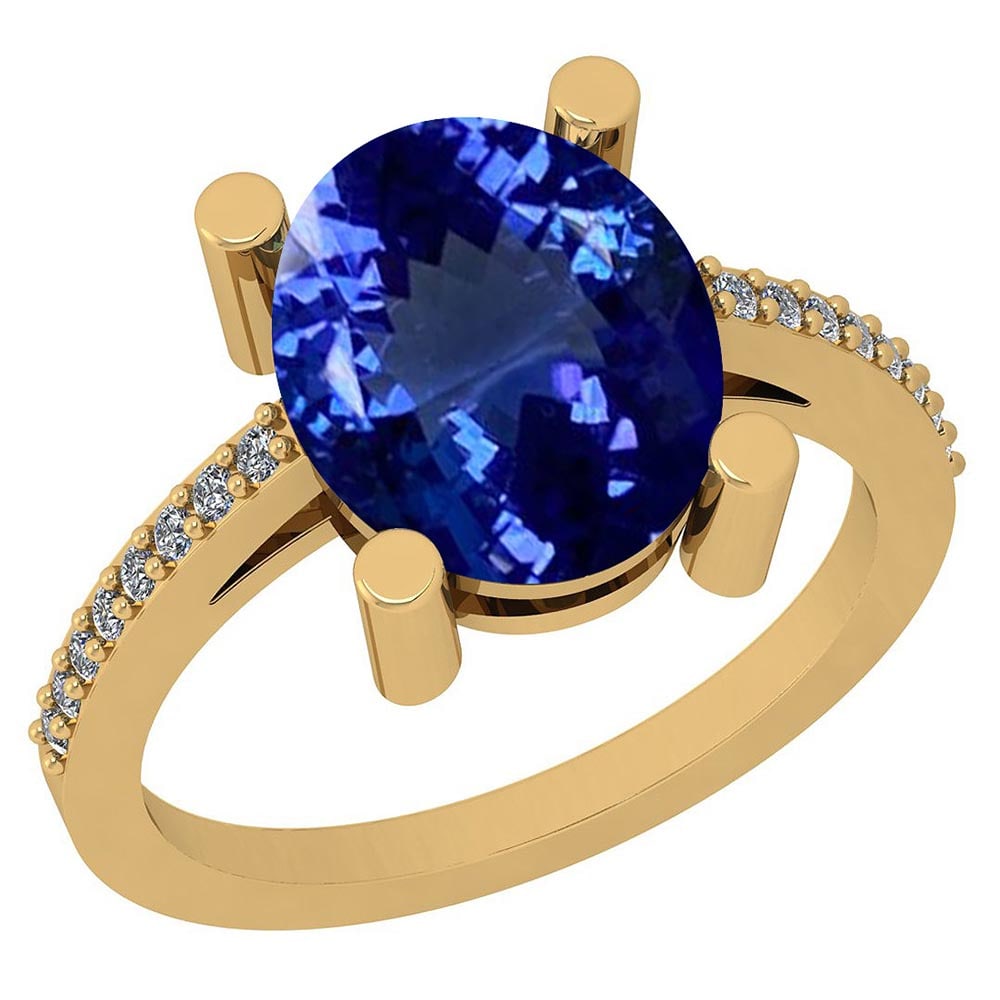 Certified 4.85 Ctw VS/SI1 Tanzanite and Diamond 14K Yellow Gold Vintage Sty: Color Stone Approx Weight: 4.73 Ctw (1 pcs Oval) Center Stone Color: Tanzanite Center Stone Setting: Prong Side Stone Approx Weight: 0.12 Ctw Side Stone Color: G-H Stone Clarity: VS/SI1 Stone Setting: