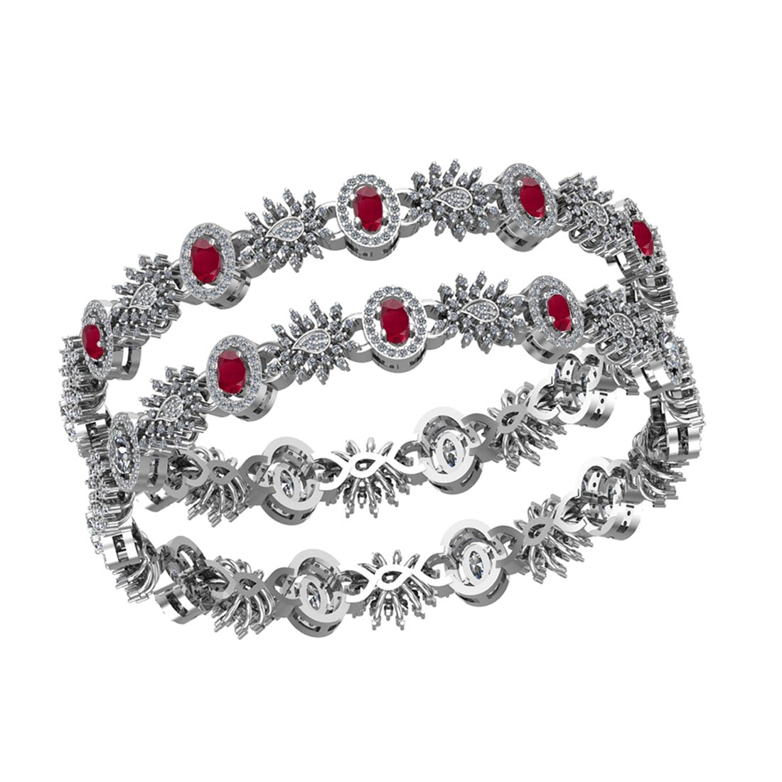 10.28 Ctw SI2/I1 Ruby And Diamond 14K White Gold Bangle: Center Stone Weight : 5.50 Ctw ( Oval Cut ) Center Stone Color : Ruby Center Stone Setting : Prong Side Stone Weight Of Ctw 4.78 Ctw Side Stone Color : White J-K Diamond Stone Clarity : SI2/I1 Stone S