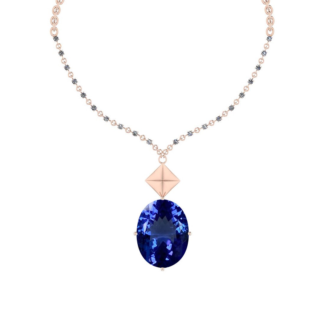 Certified 5.21 Ctw VS/SI1 Tanzanite And Diamond 14k Rose Gold Necklace Neck: Center Stone Approx Weight: 4.33 Ctw (1 Pcs Oval Cut) Center Stone Color: Tanzanite Center Stone Setting: Prong Side Stone 0.88 Ctw Side Stone Color: J-K Stone Clarity: VS/SI1 Stone Setting: Prong