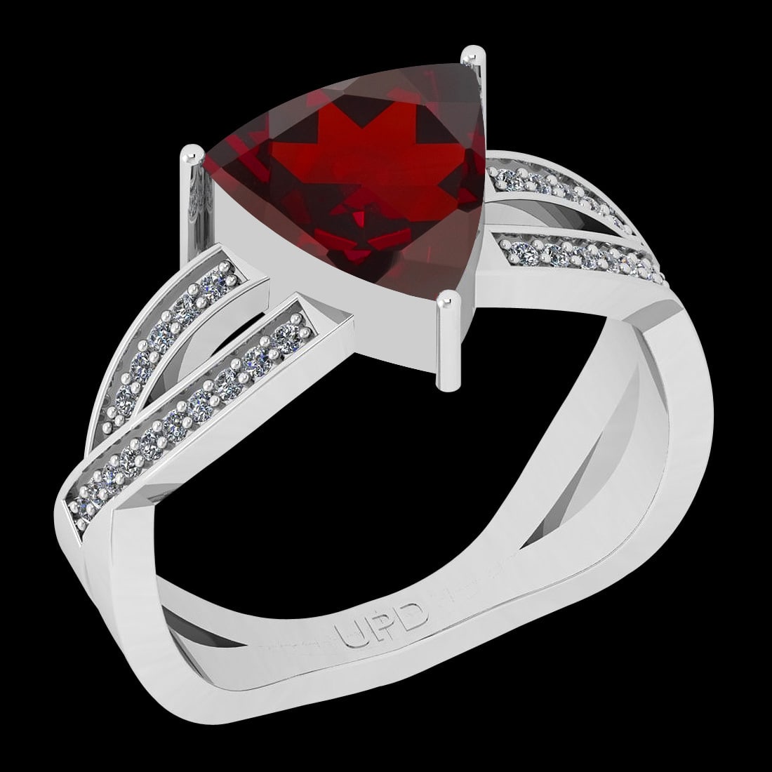Certified 3.10 Ctw I2/I3 Garnet And Diamond 10K White Gold Twisted Engageme: Center Stone Approx Weight: 2.95 Ctw (Trillion Cut) Center Stone Color: Garnet Center Stone Setting: Prong Side Stone 0.15 Ctw Side Stone Color: J-K Stone Clarity: I2/I3 Stone Setting: Prong Metal