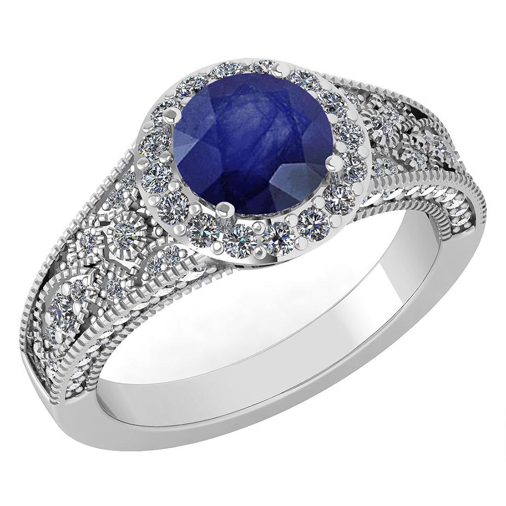 Certified 1.89 Ctw Blue Sapphire And Diamond Wedding/Engagement Style 14k W: Center Stone Approx Weight: 1.25 Ctw (1 Pcs Round) Center Stone Color: Blue Sapphire Center Stone Setting: Prong Side Stone Weight: 0.64 Ctw (76 Pcs Round Cut Diamond) Side Stone Color: White G-H Diam