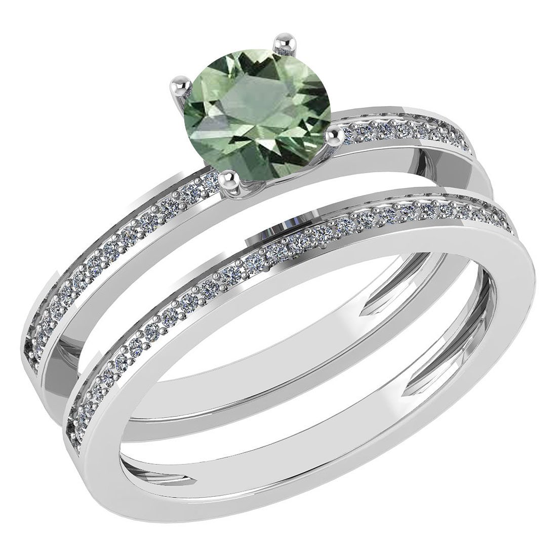 Certified 0.73 Ctw Green Amethyst And Diamond 18k White Gold Ring (G-H VS/S: Center Stone Weight ; 0.45 Ctw (1 Pcs Round) Center Stone: Green Amethyst Center Stone Setting ; Prong Side Stone (1.mm 56 Pcs Round Diamond) 0.28 ctw Side Stone Color: White G-H Diamond Side Stone