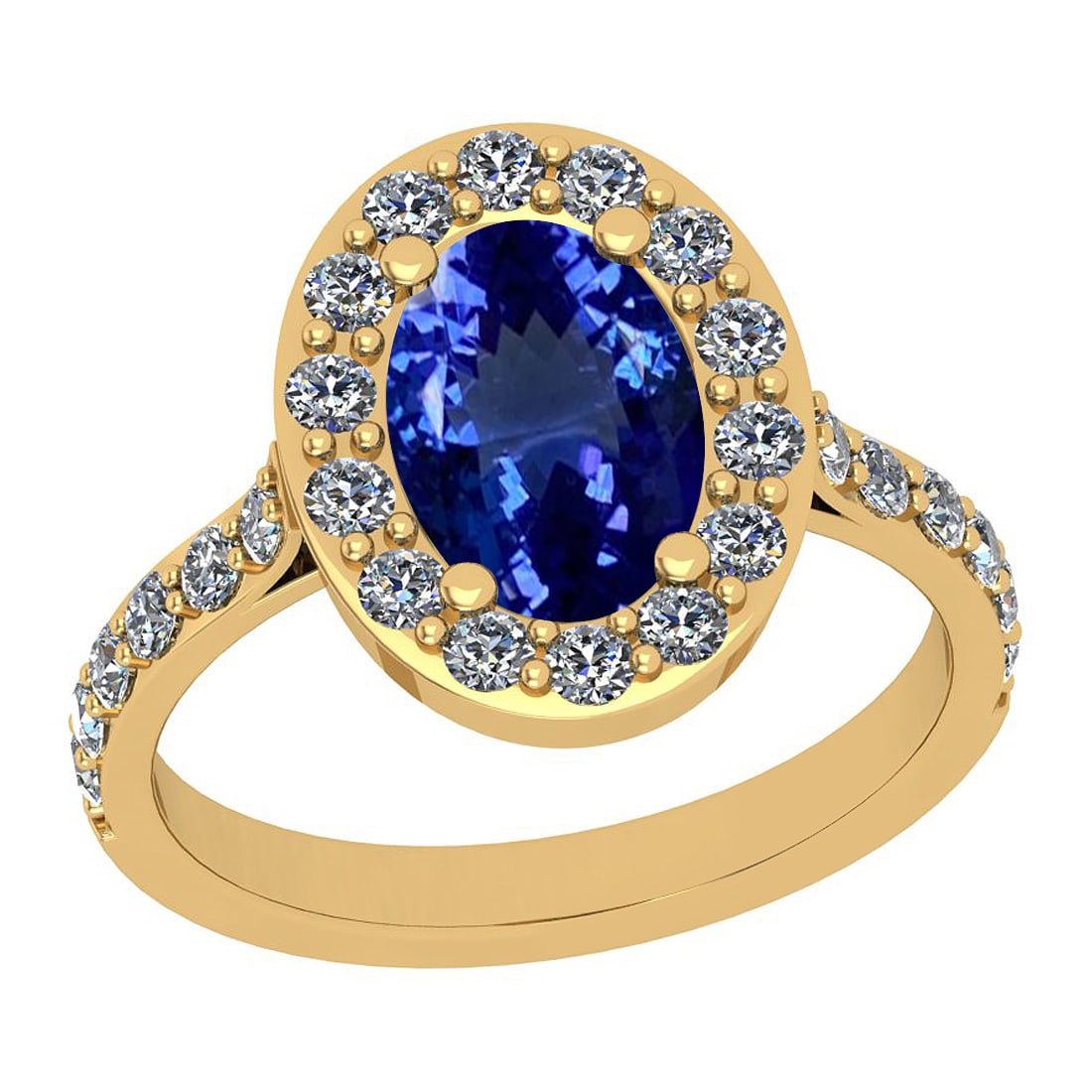 Certified 2.97 Ctw VS/SI1 Tanzanite And Diamond 14K Yellow Gold Engagement: Center Stone Approx Weight: 2.32 Ctw (Oval Cut) Center Stone Color: Tanzanite Center Stone Setting: Prong Side Stone 0.65 Ctw Side Stone Color: J-K Stone Clarity: VS/SI1 Stone Setting: Prong Metal App