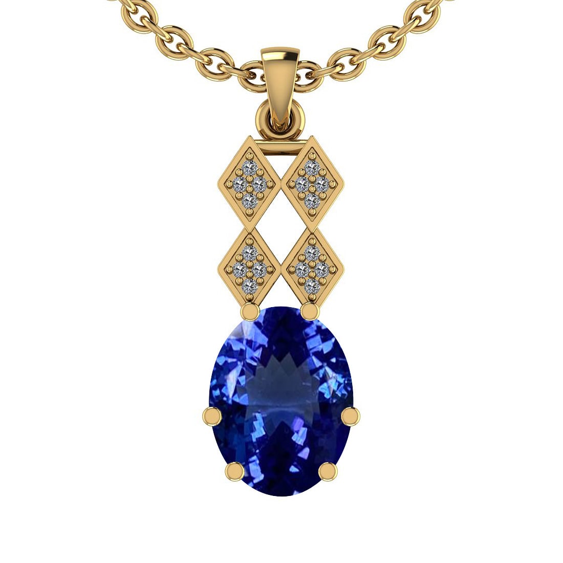 7.10 Ctw VS/SI1 Tanzanite And Diamond 14K Yellow Gold Necklace: Center Stone Approx Weight: 6.98 Ctw (Oval Cut) Center Stone Color: Tanzanite Center Stone Setting: Prong Side Stone 0.12 Ctw Side Stone Color: H-I Stone Clarity: VS/SI1 Stone Setting: Prong Metal App