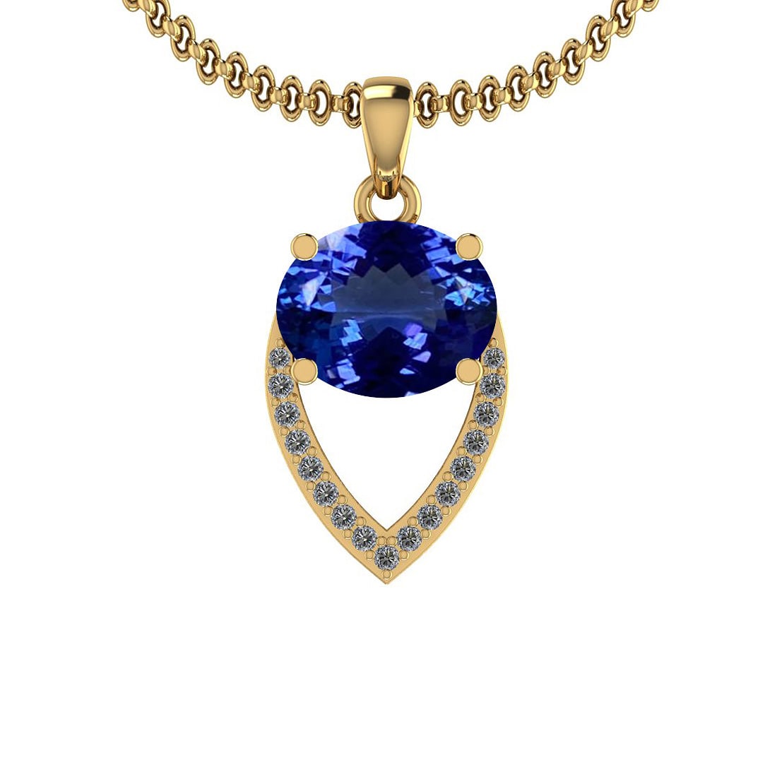 3.37 Ctw VS/SI1 Tanzanite And Diamond 14K Yellow Gold Necklace: Center Stone Approx Weight: 3.22 Ctw (Oval Cut) Center Stone Color: Tanzanite Center Stone Setting: Prong Side Stone 0.15 Ctw Side Stone Color: H-I Stone Clarity: VS/SI1 Stone Setting: Prong Metal App