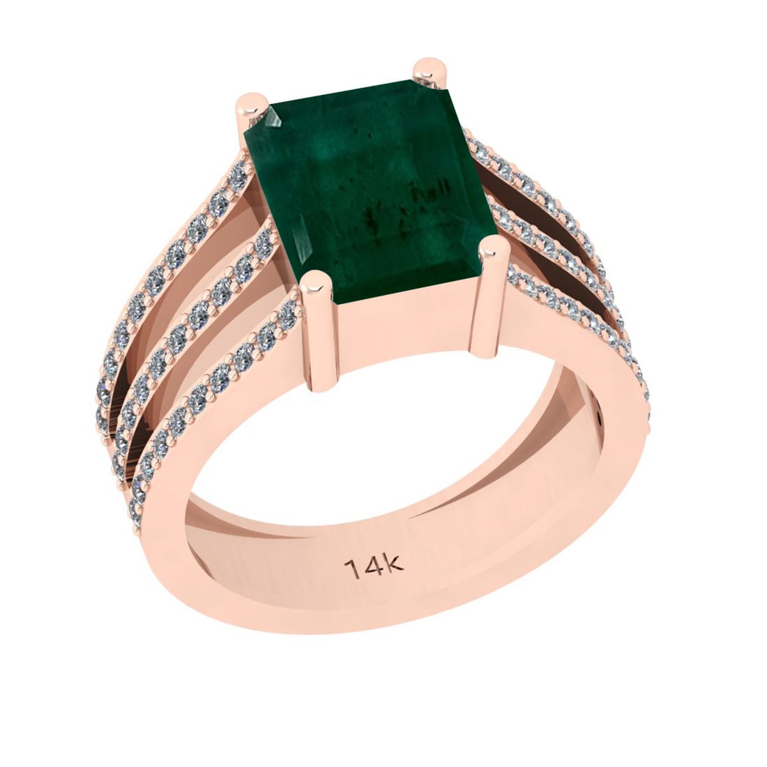 3.20 Ctw SI2/I1 Emerald And Diamond 14K Rose Gold Engagement Ring: Center Stone Weight : 2.70 Ctw (Emerald Cut) Center Stone Color : Emerald Cut Stone Setting : Prong Side Stone Weight Of Ctw 0.50 Ctw Side Stone Color : J-K Stone Clarity : SI2/I1 Stone Setting : Pron