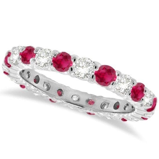 Ruby and Diamond Eternity Ring Band 14k White Gold 1.07ctw: CENTER STONE; Ruby CENTER STONE CLARITY; CENTER STONE COLOR; Red CENTER STONE SETTING; Prong SIDE STONE CLARITY; SI SIDE STONE COLOR; J-K SIDE STONE SETTING; Prong ctw OF SIDE STONE: 0.5 SIDE STONE QU