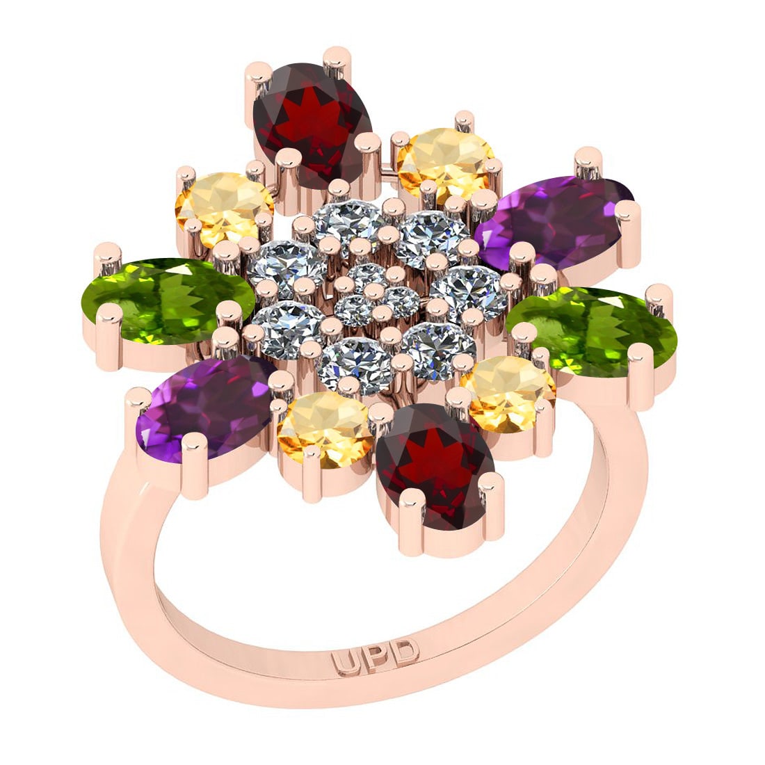 4.03 Ctw I2/I3 Multi Stone And Diamond 10K Rose Gold Cocktail Engagement Ri: Multi Stone Weight : 3.40 Ctw ( Oval & Round Cut) Multi Stone Color :-Amethyst,Garnet,Peridot,Citrine Multi Stone Setting : Prong Side Stone Weight Of Ctw 0.63 Ctw Side Stone Color : J-K Stone Clarity