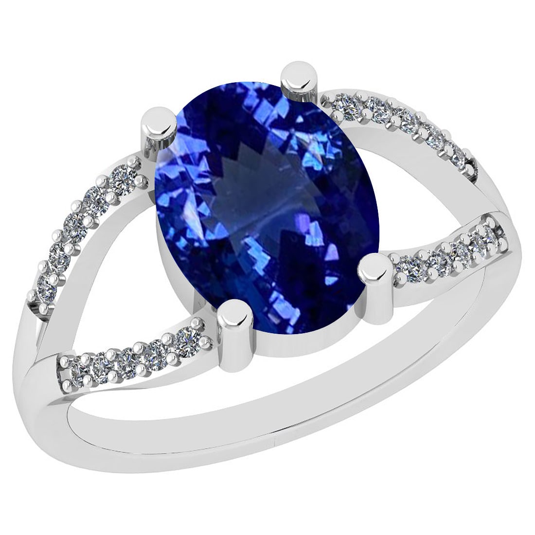 5.00 Ctw VS/SI1 Tanzanite And Diamond 14K White Gold halo Ring: Center Stone Approx Weight: 4.80 Ctw (Oval Cut) Center Stone Color: Tanzanite Center Stone Setting: Prong Side Stone 0.20 Ctw Side Stone Color: H-I Stone Clarity: VS/SI1 Stone Setting: Prong Metal App