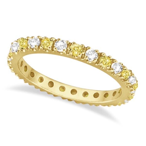Fancy Yellow Canary and White Diamond Eternity Ring Band 14K Gold 1.00 ctw: CENTER STONE; Diamond CENTER STONE CLARITY; SI CENTER STONE COLOR; Yellow CENTER STONE SETTING; Prong SIDE STONE CLARITY; SI SIDE STONE COLOR; J-K SIDE STONE SETTING; Prong ctw OF SIDE STONE: 0.50