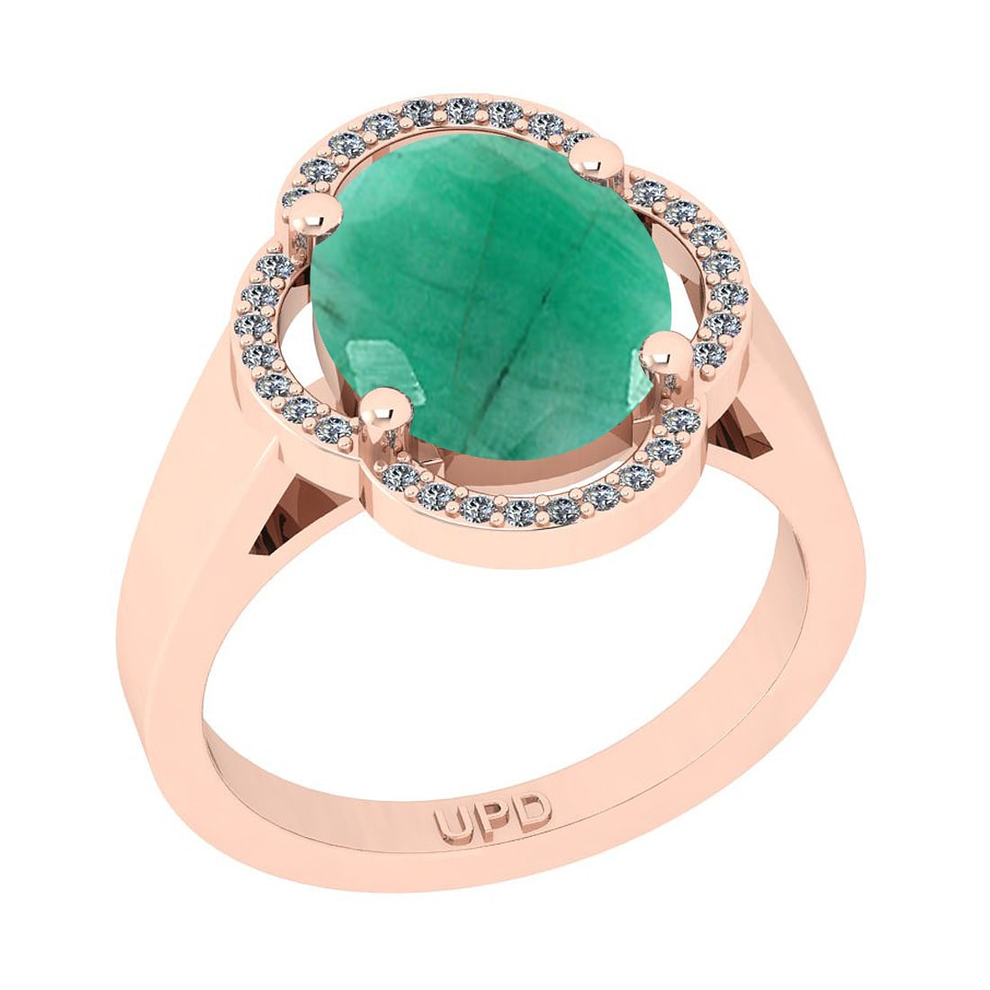 3.16 Ctw SI2/I1 Emerald And Diamond 14K Rose Gold Engagement Ring: Center Stone Weight : 3.00 Ctw ( Oval Cut) Center Stone Color :-Emerald Stone Setting : Prong Side Stone Weight Of Ctw 0.16 Ctw Side Stone Color : J-K Stone Clarity : SI2/I1 Stone Setting : Prong