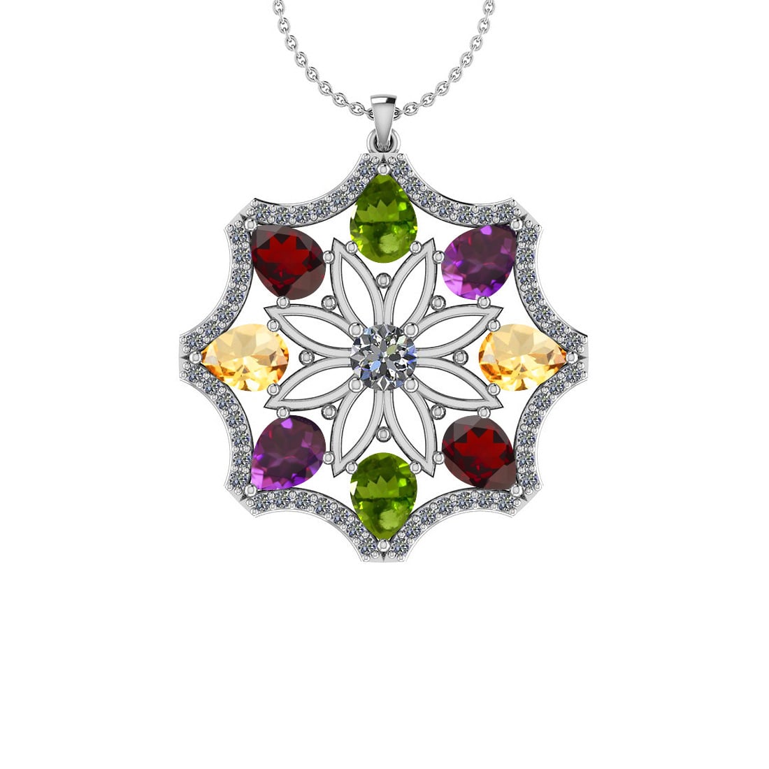 2.24 Ctw I2/I3 Multi Stone And Diamond 10K White Gold Pendant: Multi Stone Weight : 2.00 Ctw ( Pear Cut) Multi Stone Color :-Amethyst,Garnet,Peridot,Citrine Multi Stone Setting : Prong Side Stone Weight Of Ctw 0.24 Ctw Side Stone Color : J-K Stone Clarity : I2/I3