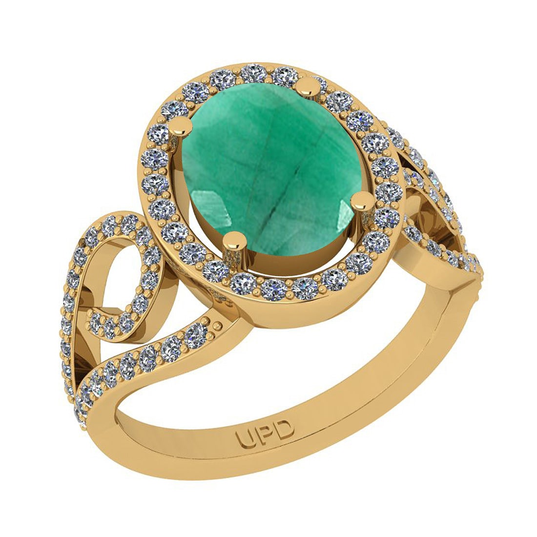 2.90 Ctw SI2/I1 Emerald And Diamond 14K Yellow Gold Ring: Center Stone Weight : 2.50 Ctw ( Oval Cut) Center Stone Color :-Emerald Stone Setting : Prong Side Stone Weight Of Ctw 0.40 Ctw Side Stone Color : J-K Stone Clarity : SI2/I1 Stone Setting : Prong