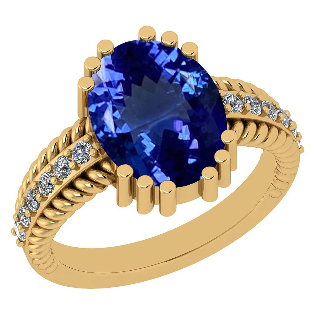 4.69 Ctw VS/SI1 Tanzanite And Diamond 14K Yellow Gold Ring: Center Stone Approx Weight: 4.44 Ctw (Oval Cut) Center Stone Color: Tanzanite Center Stone Setting: Prong Side Stone 0.25 Ctw Side Stone Color: H-I Stone Clarity: VS/SI1 Stone Setting: Prong Metal App