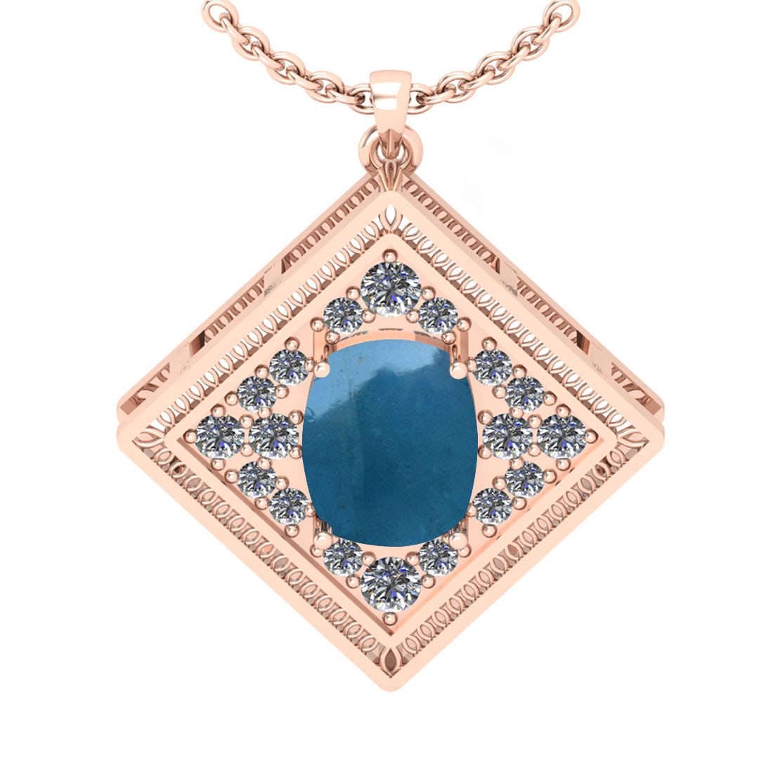 4.83 Ctw SI2/I1 Aquamarine And Diamond 14K Rose Gold Vintage Style Pendant: Color Stone Weight : 3.93 Ctw ( Cushion cabochon ) Center Stone Color : Aquamarine Center Stone Setting : Prong Side Stone Weight Of Ctw 0.90 Ctw Side Stone Color : J-K Stone Clarity : SI2/I1 Stone Se