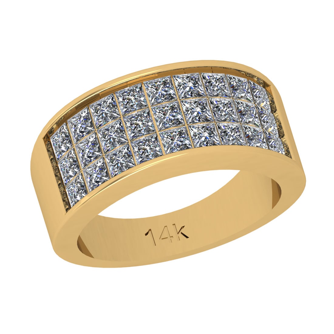 2.16 Ctw SI2/I1 Diamond 14K Yellow Gold Groom Band Ring: Total Diamond Weight : 2.16 Ctw (Princess Cut) Color : J-K Setting : Prong Stone Clarity : SI2/I1 Metal Weight : Approx 6.90 Gram 14K Yellow Gold Groom band Ring Current Ring Size is-6 #PAPPS91457v7