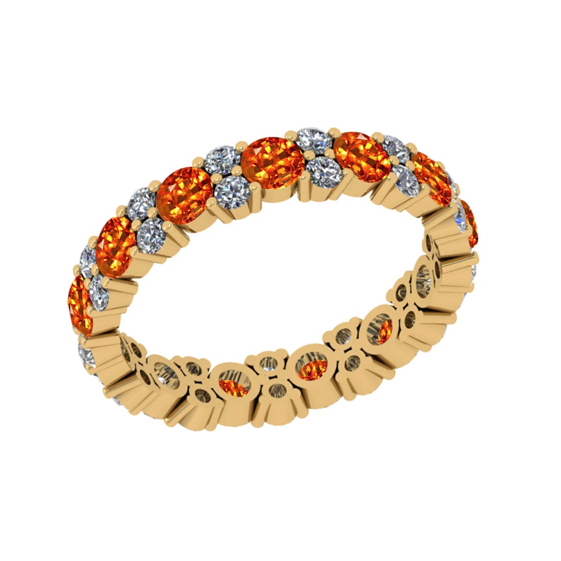 2.21 Ctw SI2/I1 Orange Sapphire And Diamond 14K Yellow Gold Eternity Band R: Center Stone Weight : 1.30 Ctw (Round Cut) Center Stone Color :-Orange Sapphire Center Stone Setting : Prong Side Stone Weight Of Ctw 0.91 Ctw Side Stone Color : J-K Stone Clarity :SI2/I1 Stone Settin